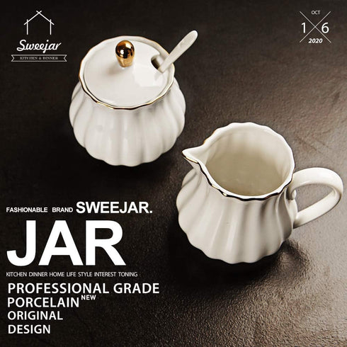 Sweejar Royal Ceramic Sugar and Creamer Set, 3 Piece Set with Cream Pitcher, Sugar Bowl, Lid & Spoon, White