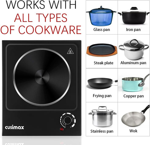 CUSIMAX Single Burner Electric Hot Plate, 1500W Adjustable Temperature Cooktop, Portable Stainless Steel Countertop