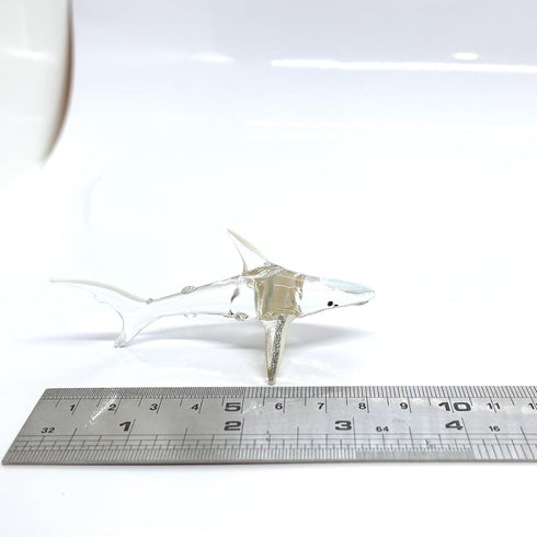 Shark Miniature Figurines - Tiny Hand Painted Blown Glass Art Collectible Gift Decor (Clear Silver)
