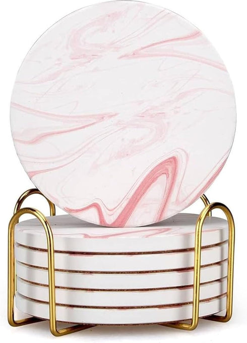 Cute Pink Marble Coasters Set of 6 Pack Stone Coffee Table Decor
