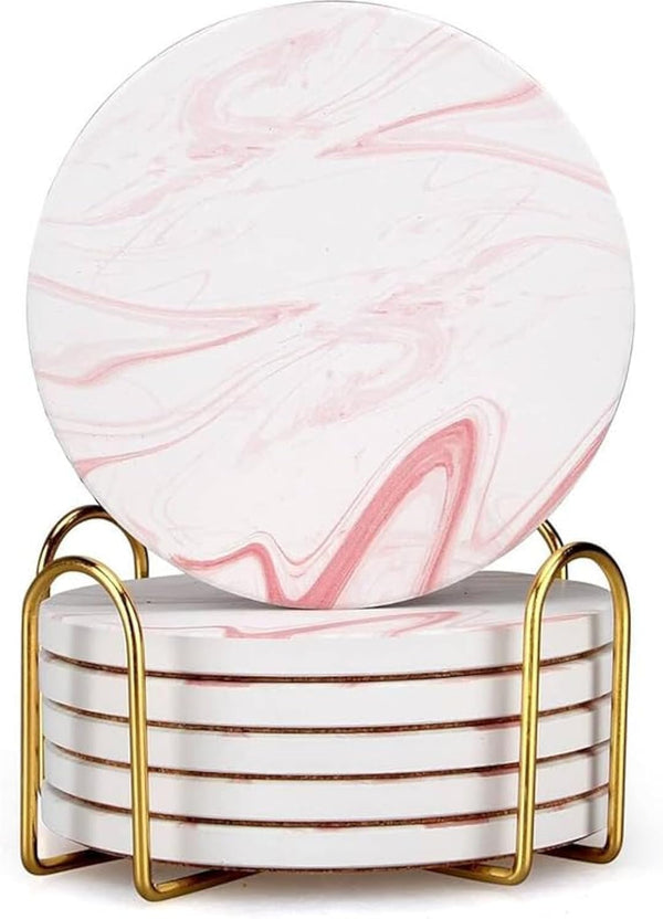 Cute Pink Marble Coasters Set of 6 Pack Stone Coffee Table Decor