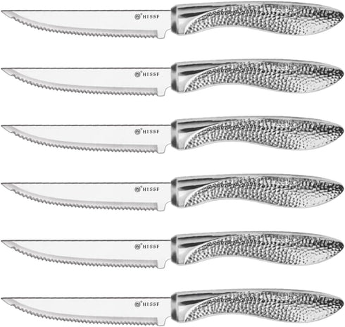 Serrated Steak Knives Set of 6, Stainless Steel Sharp Blade Flatware with Unique Hammered Pattern Hollowed Handle