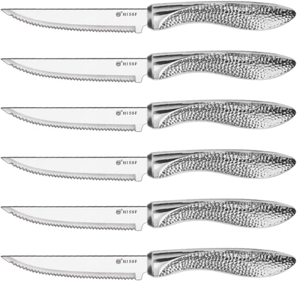 Serrated Steak Knives Set of 6, Stainless Steel Sharp Blade Flatware with Unique Hammered Pattern Hollowed Handle