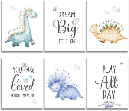 SUUURA-OO Dream Big Cute Baby Dinosaur Watercolor Art Print - Set of 6