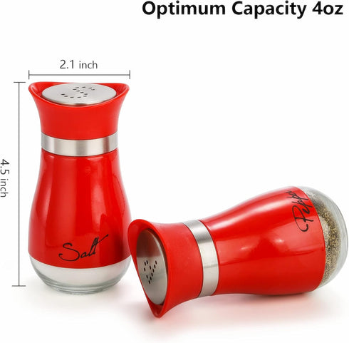 Tebery 4 Ounces Red Salt and Pepper Shakers Set, Elegant Stainless Steel with Glass Bottom