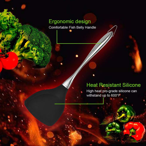 Honglida Premium Silicone Wok Turner - BPA Free Spatula with Stainless Steel Handle (Black)