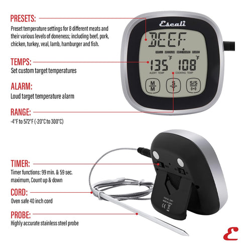 Escali Touch Screen LCD Display Digital Timer, Oven Safe Stainless Steel Probe, Black