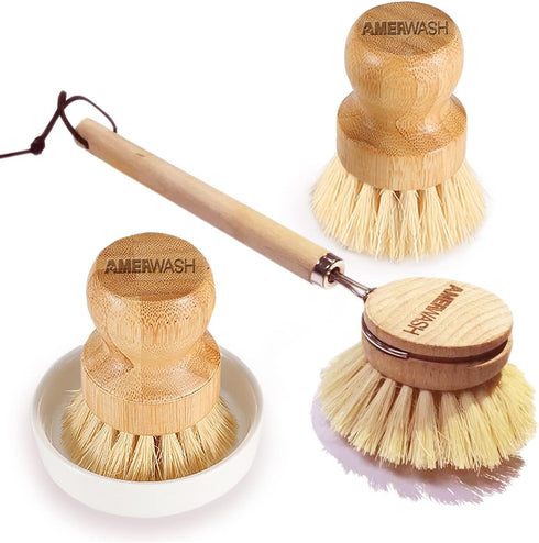 Wooden Dish Brush Set Clean Pots, Pans and Vegetable, Natural Bristles Bamboo