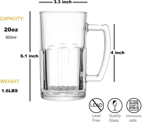 COKTIK 4 Pack Heavy Large Beer Glasses with Handle, 20 Ounce Classic Beer Mug Glasses Set