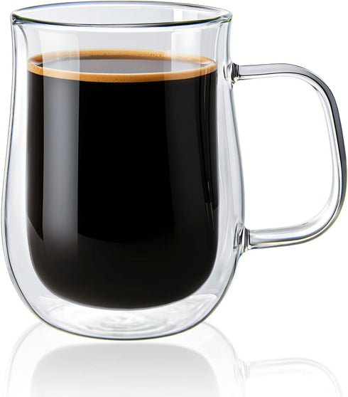16 OZ, Set 2 Double Walled Glass Coffee Mugs Borosilicate Glass Coffee Cups of with Spoons, Insulated Clear Coffee Mug