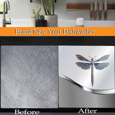 Dishwasher Magnet Cover Kitchen Decor, Silver Stainless Steel Dragonfly Pattern Vinyl Decal, 23 W x 26 H