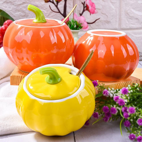 Pumpkin Shape Ceramic Sugar Bowl with Lid and Spoon, Elegant Design for Home and Kitchen, Yellow, 10.5 OZ
