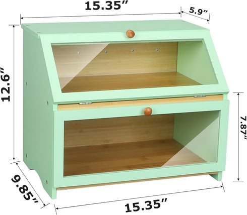Counter, HOMEKOKO Double Layer Large Bread Box for Kitchen Wooden Large Capacity Bread Storage Bin (Mint Green)