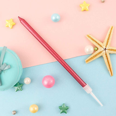 12 Count Long Thin Red Birthday Cake Candles with Holders for Birthday, Wedding Party, Cupcake Decorations