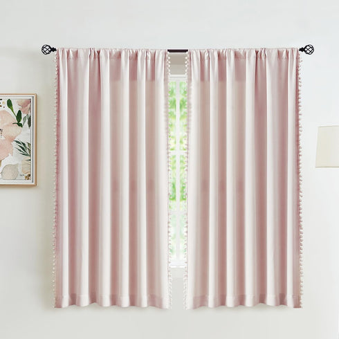 63" 2pcs Treatmentex Pom Pom Curtains for Bedroom Pink Girls Room Blackout Window Drapes Energy Efficient Thermal