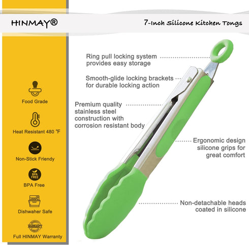 Mini Tongs with Silicone Tips, 7 Inches Silicone Cooking Tongs, Set of 3 in Green
