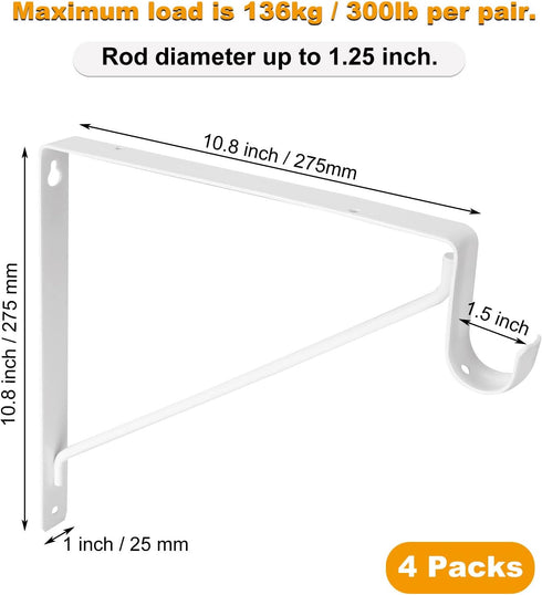 4 Pack Heavy Duty Closet Rod Brackets Holder, 11 x 11 x 1 Inch White Closet Rod Support Bracket