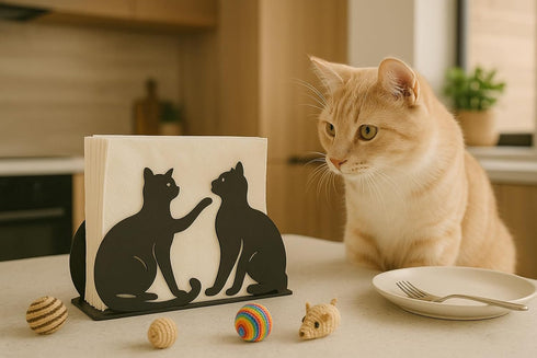 Mango Steam Tabletop Napkin/Tissue & Letter Holder, Cat Design, Black for Home, Kitchen, Restaurants