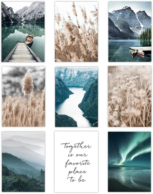 Canssape Set of 9 Nature Mountain Wall Art - Green Lake Picture Prints for Home Living Room Decor 8x10in (Unframed)