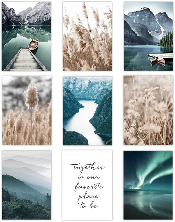 Canssape Set of 9 Nature Mountain Wall Art - Green Lake Picture Prints for Home Living Room Decor 8x10in (Unframed)