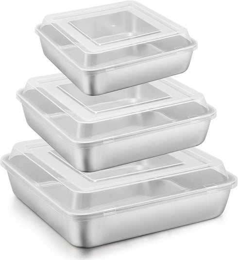 E-far Square Cake Pan Set with Lid, 6/8/9-Inch Stainless Steel Bakeware Set of 3, Easy Clean & Dishwasher Safe