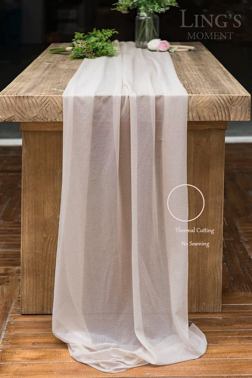 Ling's Moment 10Ft Nude Sheer Chiffon Table Runner with Silver Sparkle for Elegant Wedding, Rustic Boho Party