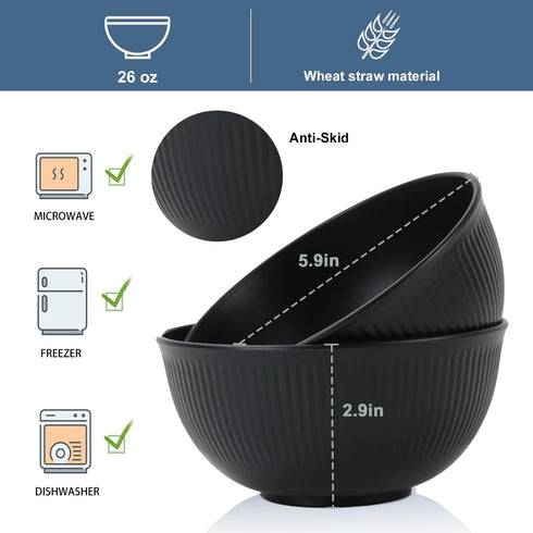 Wheat Straw Bowl Sets of 8,Unbreakable Cereal Bowl 26 OZ,Microwave and Dishwasher Safe Bowls,Kids Bowl suitable for Cereal,Salad,Snack and Soup. Winter-Pure Black by Wrova