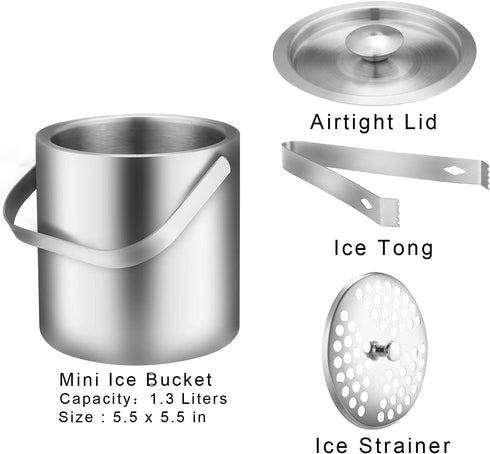 LUCKYGOOBO Mini Ice Bucket - Portable Double Wall Stainless Steel Bucket with Tong, 1.3 Liters for Parties