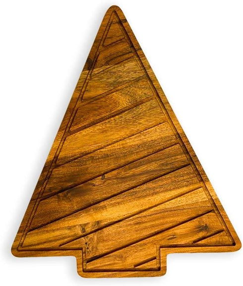 Acacia Wooden Christmas Cutting Board: 12.5"L x 10"W Tree Shaped Chopping Board with Handle & Slicey Grooves