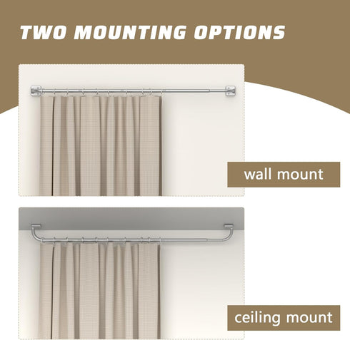 Curtain Rods for Windows 32 to 60 Inch, 5/8" Diameter Silver Ceiling Mount Warp Around Long Curtain Rod for Bedroom