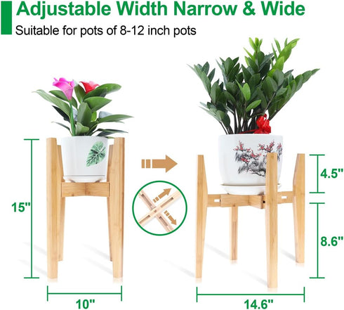 8 12 Inches 1 Pack) OERGKE Adjustable Plant Stand Indoor, Bamboo Mid Century Modern Plants Stands, Corner Flower Holder