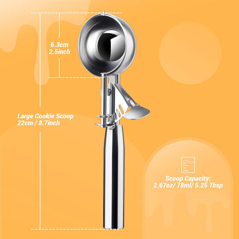 Ice Cream Scoop, Stainless Steel with Trigger, Large 5.25 Tbsp Cookie Scoop for Baking