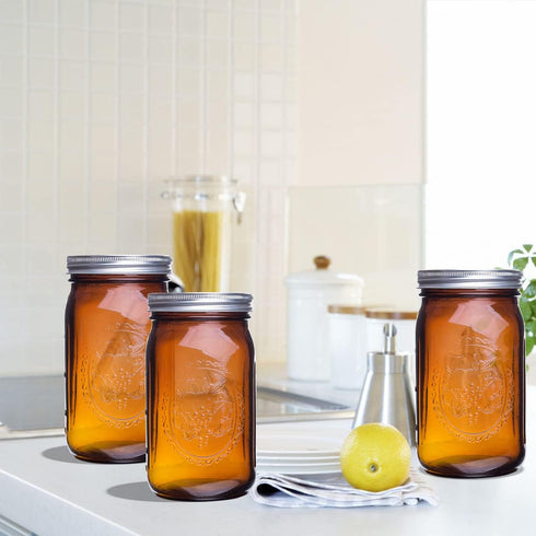 eleganttime 32 oz Amber Glass Mason Jars Wide Mouth with Airtight Lids and Bands, 6 Pack for Canning, Pickle, Fermenting