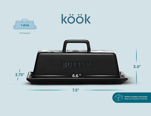 Kook Ceramic Butter Dish with Lid for Countertop, Microwave and Dishwasher Safe Butter Keeper, Black Butter Container