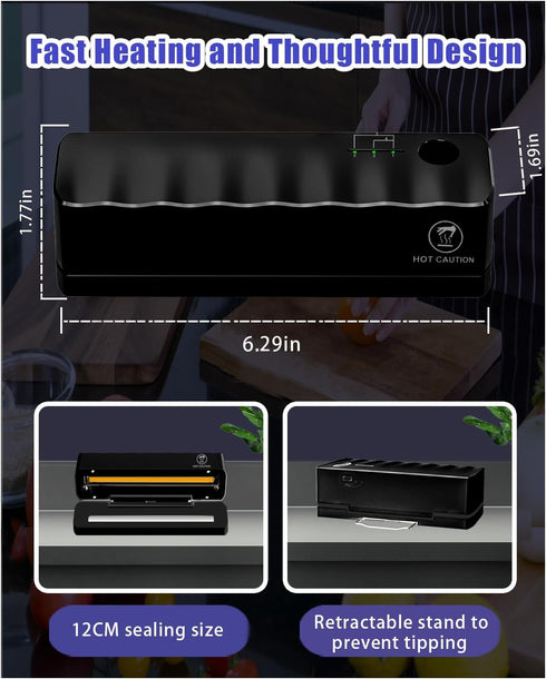 Mini Rechargeable Bag Sealer - 3000mAh Heat Sealer Machine with 5 Adjustable Gears for Food Storage (Black)