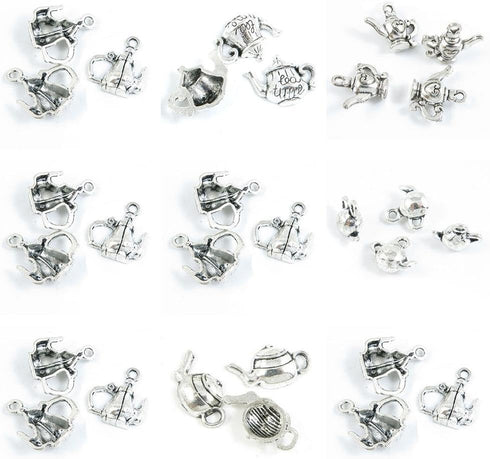 29 Pieces Antique Silver Tone Jewelry Making Charms - Teapot, Tea Kettle, Pot & Wine