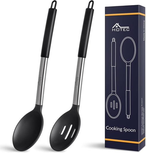 HOTEC Heat Resistant Large Silicone Cooking Spoon, Solid Slotted Spoons for Kitchen