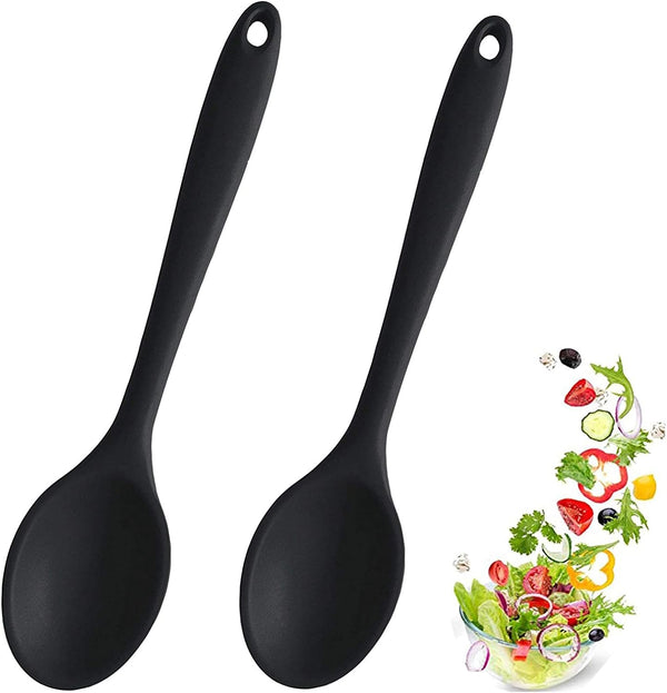 2 Pcs Silicone Spoons for Cooking, Heat Resistant Mixing Utensils for Kitchen Cooking and Baking (Black)