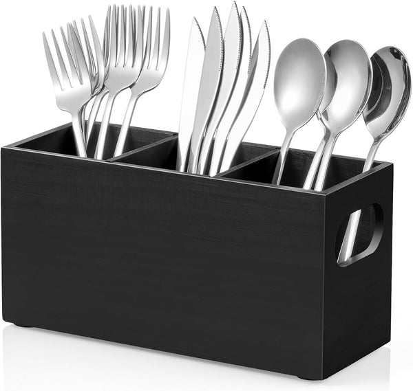 Wooden Utensil Caddy, Silverware Holder for Party, Black Cutlery Organizer for Forks, Spoons, Knives