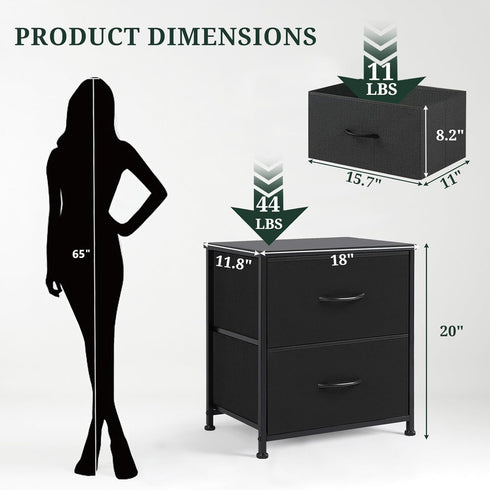 2 Closet, 11.8" 18" 20", Nightstand, Small Drawer Dresser End Table Bedside Furniture, Wooden Top Fabric Bins
