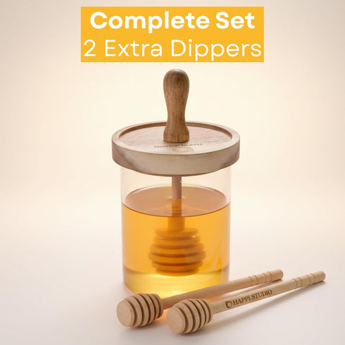 13.5 OZ HAPPI STUDIO Airtight Honey Pot with Dipper - Borosilicate Glass Honey Jar with Dipper - Glass Honey Dispenser