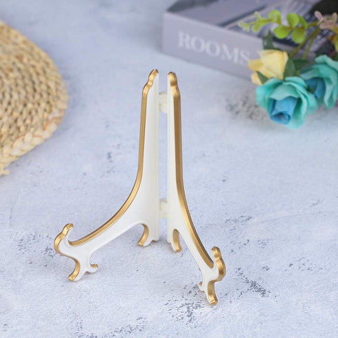 Artliving 4" White Gold Decorative Small Plate Stand Holder, Plastic Picture Easel Display Stand (2 Pack)