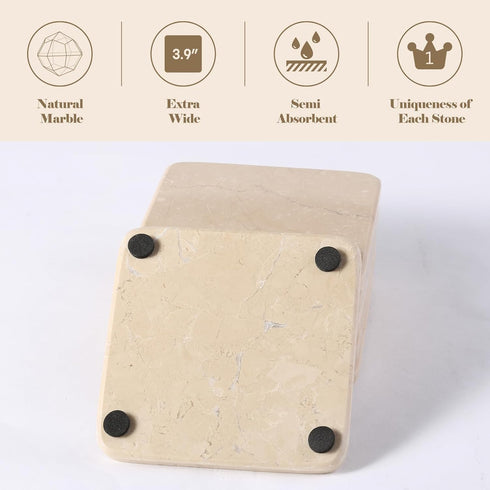 Set 6 3.9" inches Koville of Natural Marble Coasters for Coffee Table with Holder, Beige Yellow Marble Coaster Square