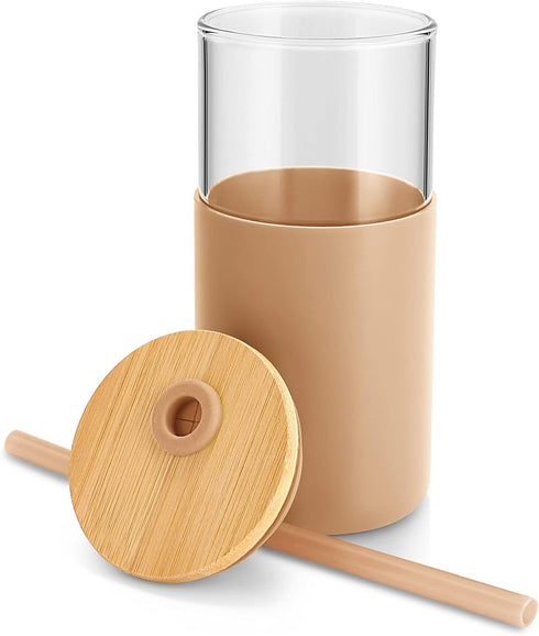 Tronco 16 oz Glass Tumbler with Straw and Bamboo Lid, Reusable Iced Coffee Cup with Silicone Protective Sleeve - BPA
