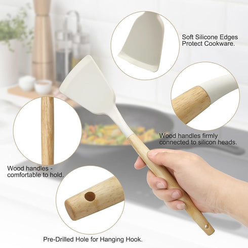 Kitchen Utensils Set of 12, Silicone Cooking Utensils with Wooden Handle and Organizer Bucket, Heat Resistant (Cream