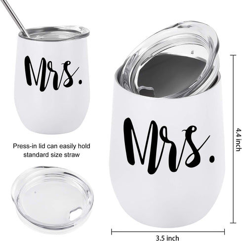 GINGPROUS 2 Pack Mrs and Mrs Wine Tumbler Set, 12 Oz Insulated Stainless Steel Wine Tumblers with Lid, Lesbian Couple