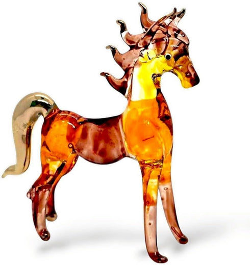 Tiny 2½" Long Brown Gold Standing Horse Figurine, Miniature Hand Blown Painted Glass