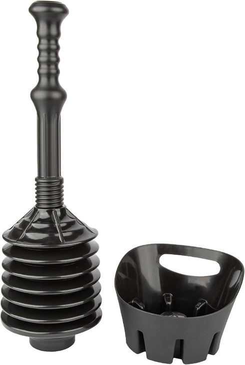 JS Jackson Supplies Black Toilet Plunger with Black Bellows Accordion and Storage Tray