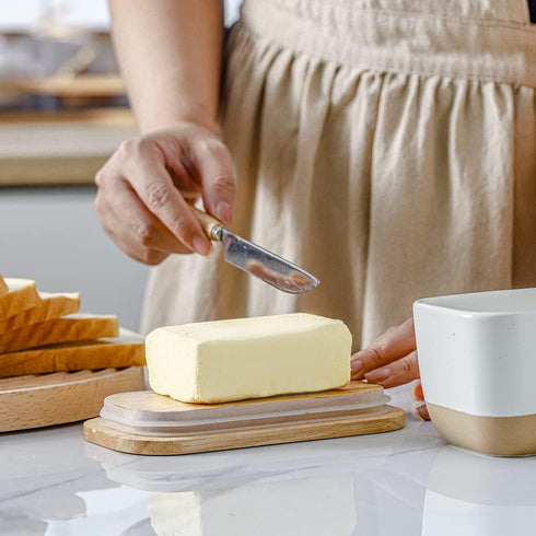 Countertop, HVH Ceramic Butter Dish with Lid for Airtight Butter Keeper with Wooden Lid, Butter Dishes with Covers