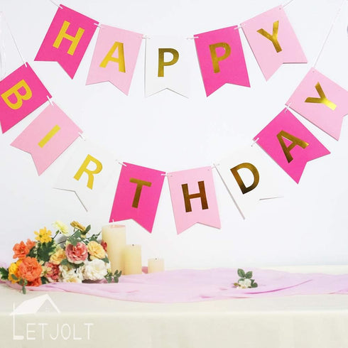 Roseo Pink Happy Birthday Banner Signs, Golden Sparkle Funny Party Supplies for Girls, 13 Pieces